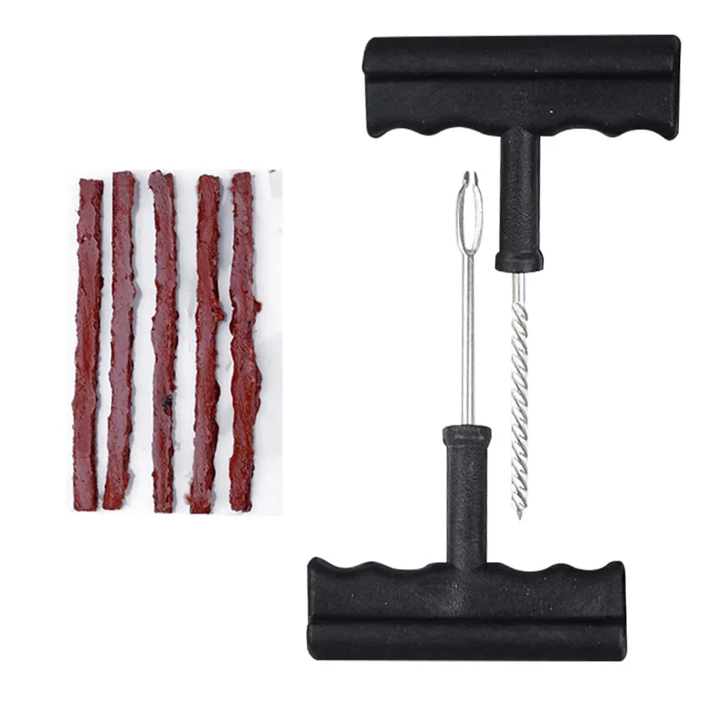A black universal emergency tubeless tire repair kit with a tool and a flat bar.