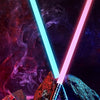 A dual-bladed lightsaber emitting blue and pink light beams amidst smoke and rocks.