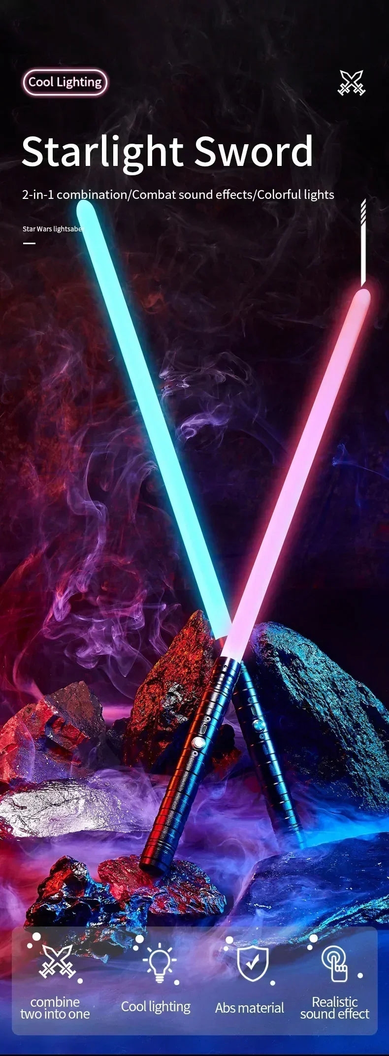 A dual-bladed lightsaber emitting blue and pink light beams amidst smoke and rocks.