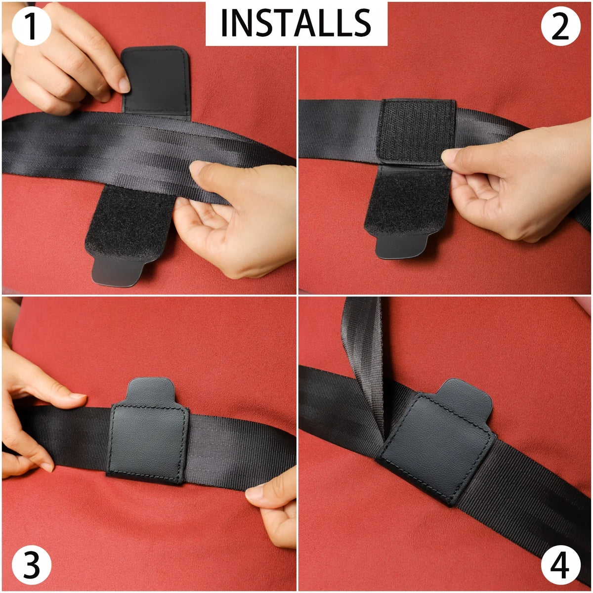 Four steps showing how to install a PU leather seat belt adjuster clip for a comfortable fit