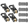Set of heavy-duty paracord tensioners with alloy carabiners in black and gold finishes.