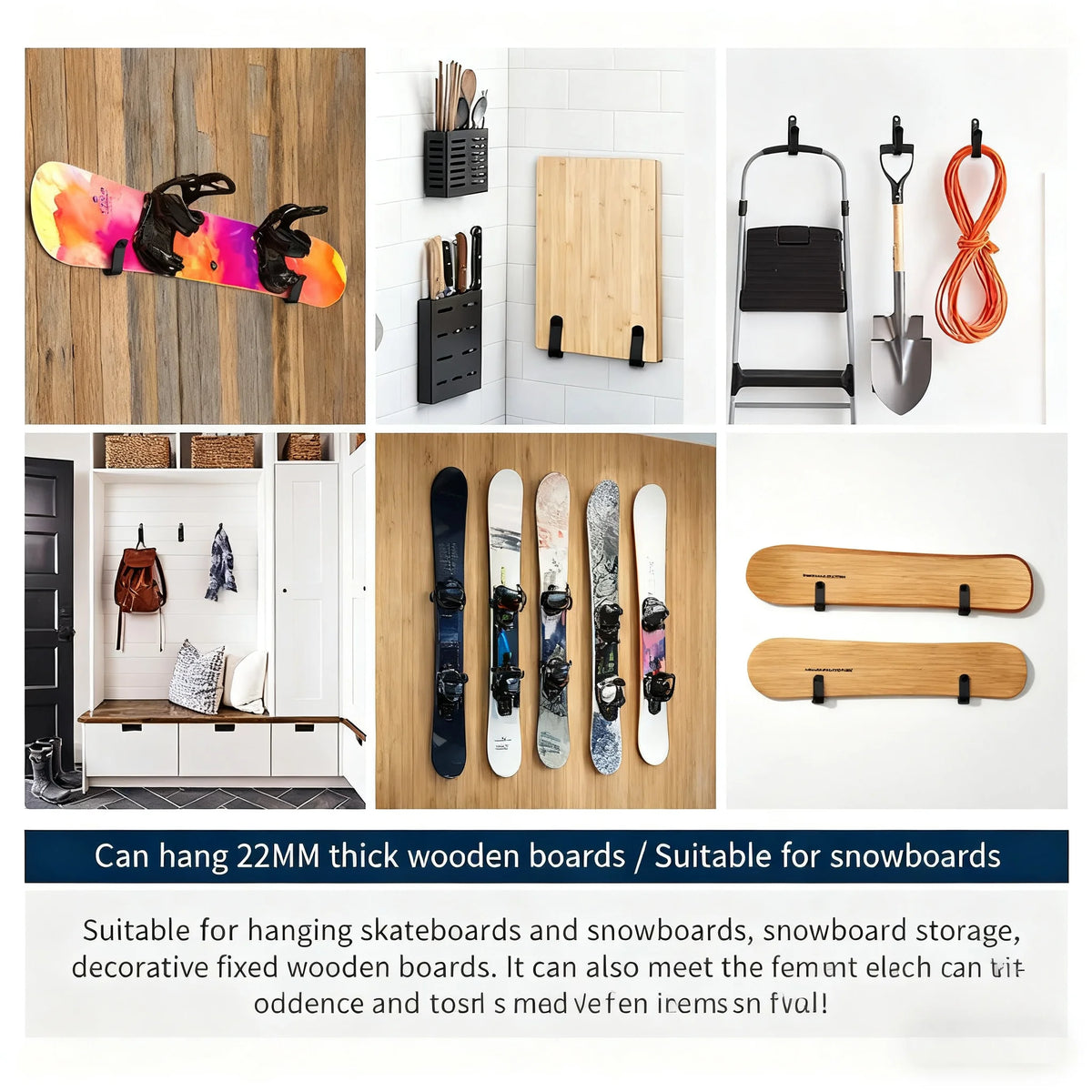 Set of sturdy wooden boards and tools for hanging skateboards and snowboards