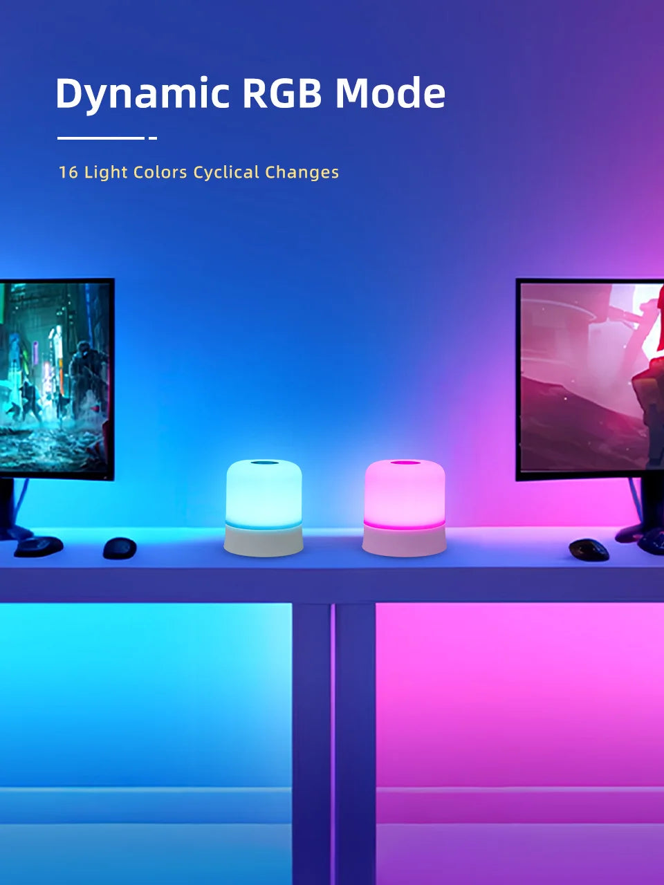 A setup showing a computer monitor and two glowing RGB night lights on a table, demonstrating the Dynamic RGB Mode.