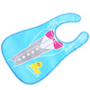 A bright blue wipeable baby bib with a pink bow and a catch-all pocket for weaning toddlers.
