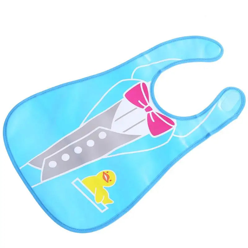A bright blue wipeable baby bib with a pink bow and a catch-all pocket for weaning toddlers.