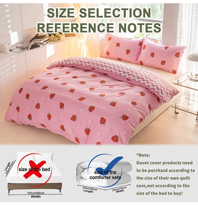 Reference notes for size selection of a strawberry print duvet cover set and pillowcases