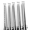 A series of professional scalloped pinking shears are shown, varying in blade width from 7mm down to 2mm.