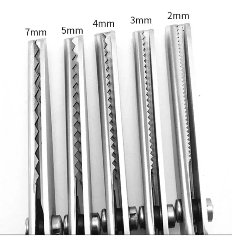 A series of professional scalloped pinking shears are shown, varying in blade width from 7mm down to 2mm.