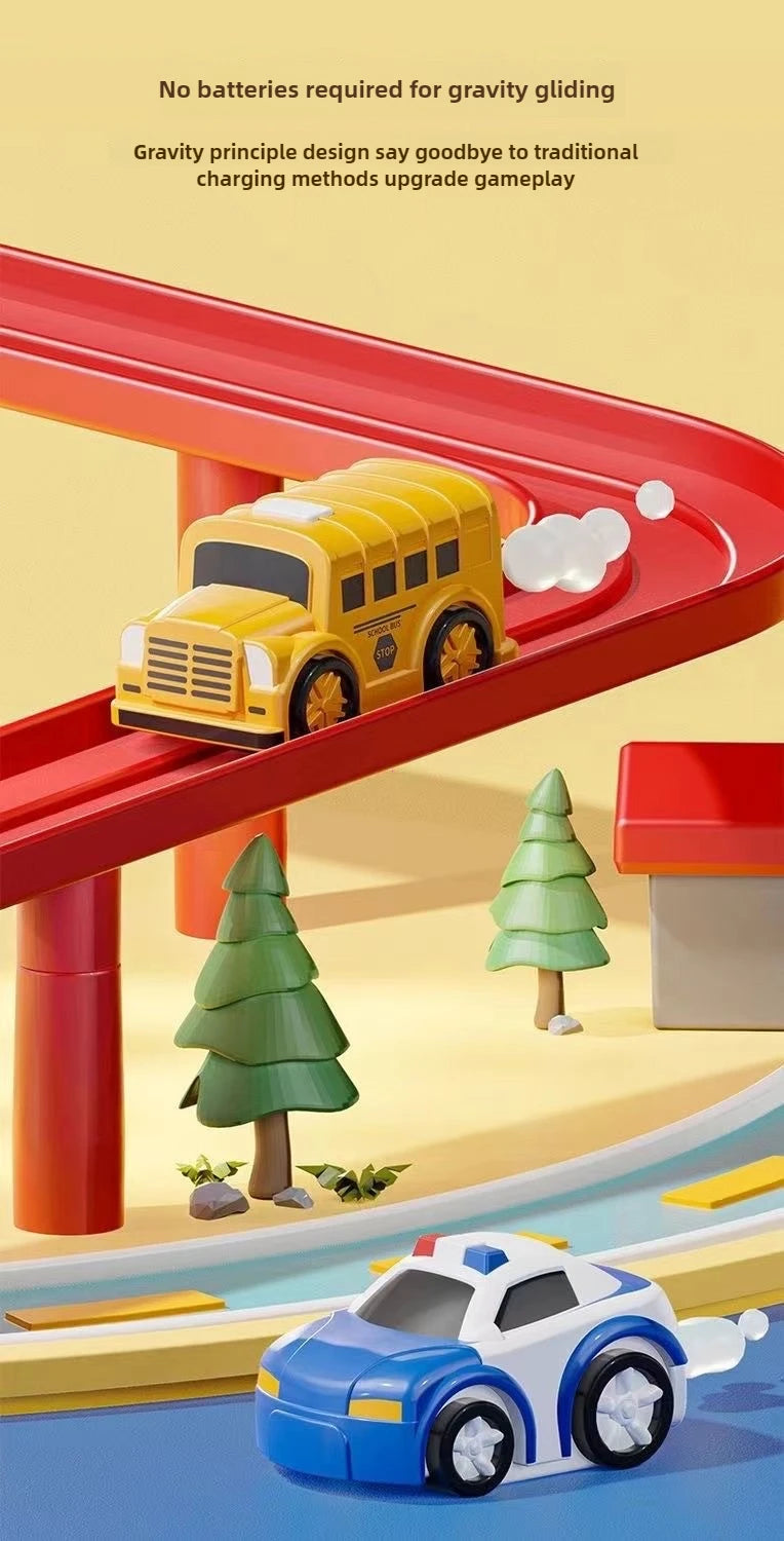 A yellow train car is shown on a red track, with green trees and a blue rocket car in the foreground.