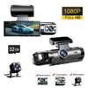 A 3-channel Full HD dash cam showing the front, inside, and back camera views.