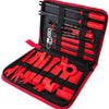 A red and black storage pouch containing a 38-piece car trim removal tool set.