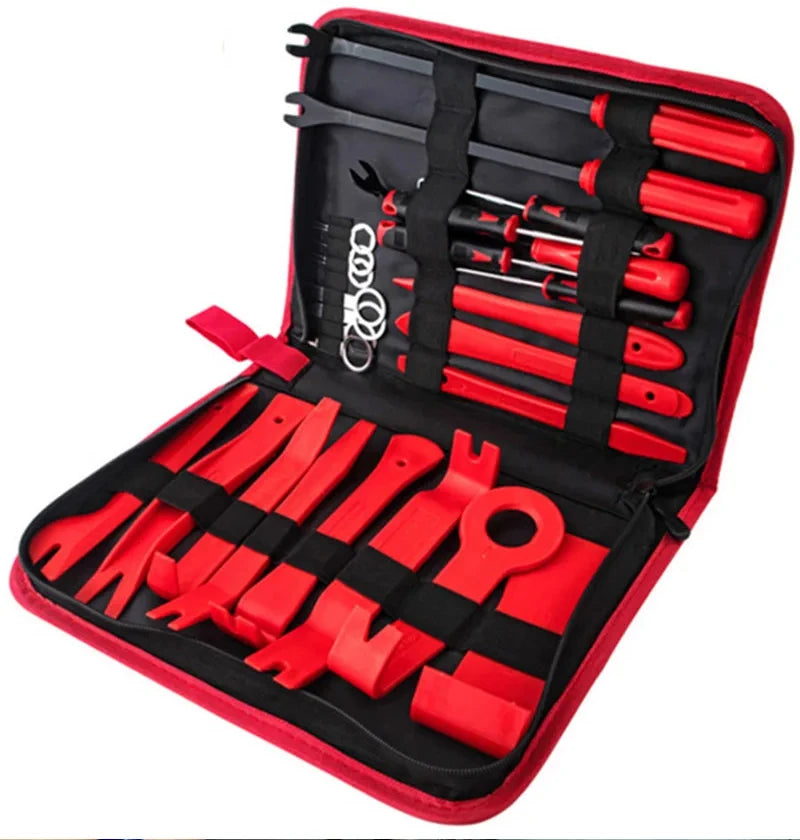 A red and black storage pouch containing a 38-piece car trim removal tool set.