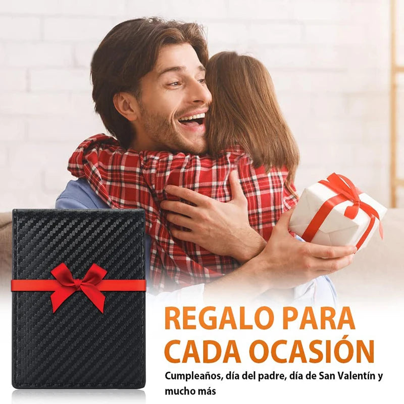 A man is hugging a woman while holding a gift box, next to a black tri-fold wallet.