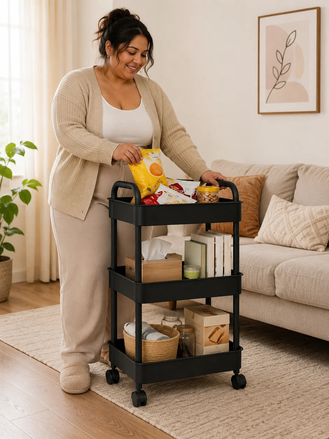 A woman is using a black 3-tier rolling utility cart with wheels to store various food items on a light rug.