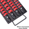 A black portable socket organizer tray with red plastic sockets and a handle.