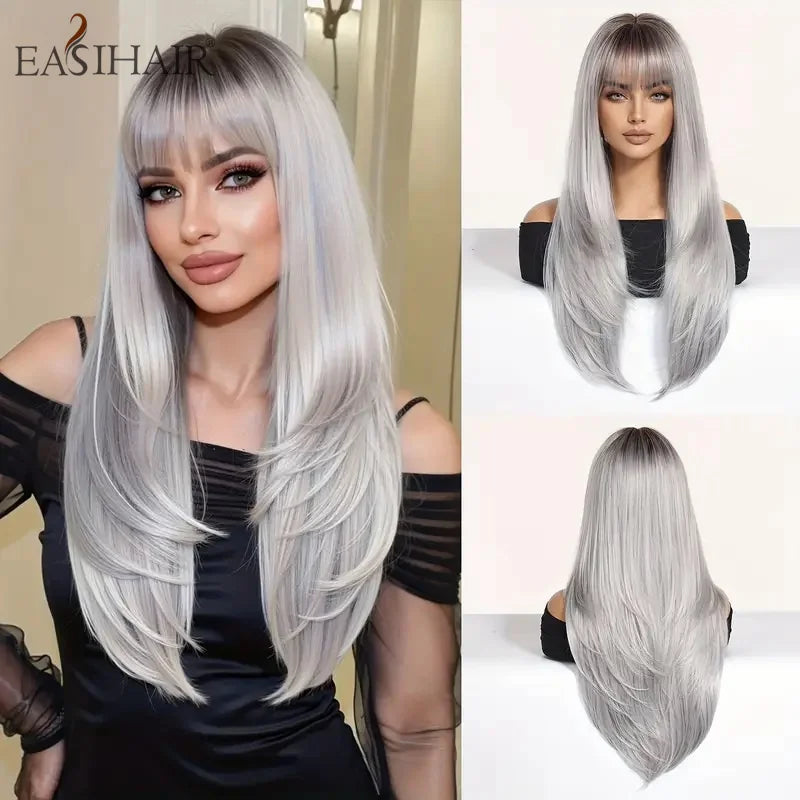 Rose Gold Layered Straight Wig with Bangs