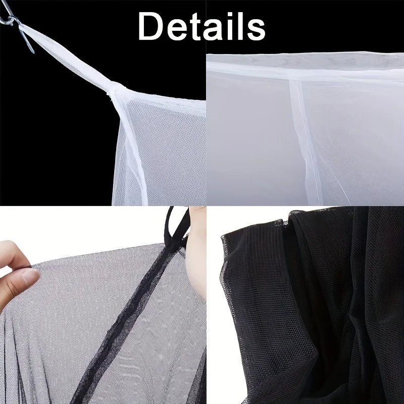 Details of a floor-to-ceiling mosquito net showing various mesh textures and openings.