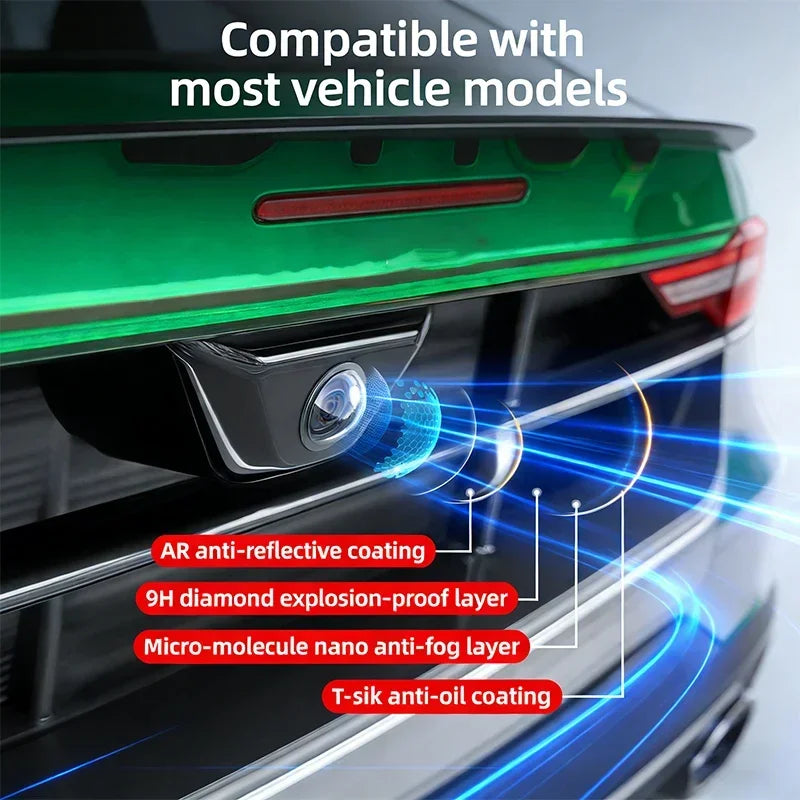 Close-up of a car's rear light assembly showing an AR anti-reflective coating and diamond explosion-proof layer protection.