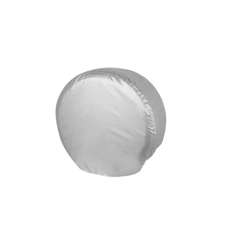 A silver universal tire cover set with a drawstring closure.