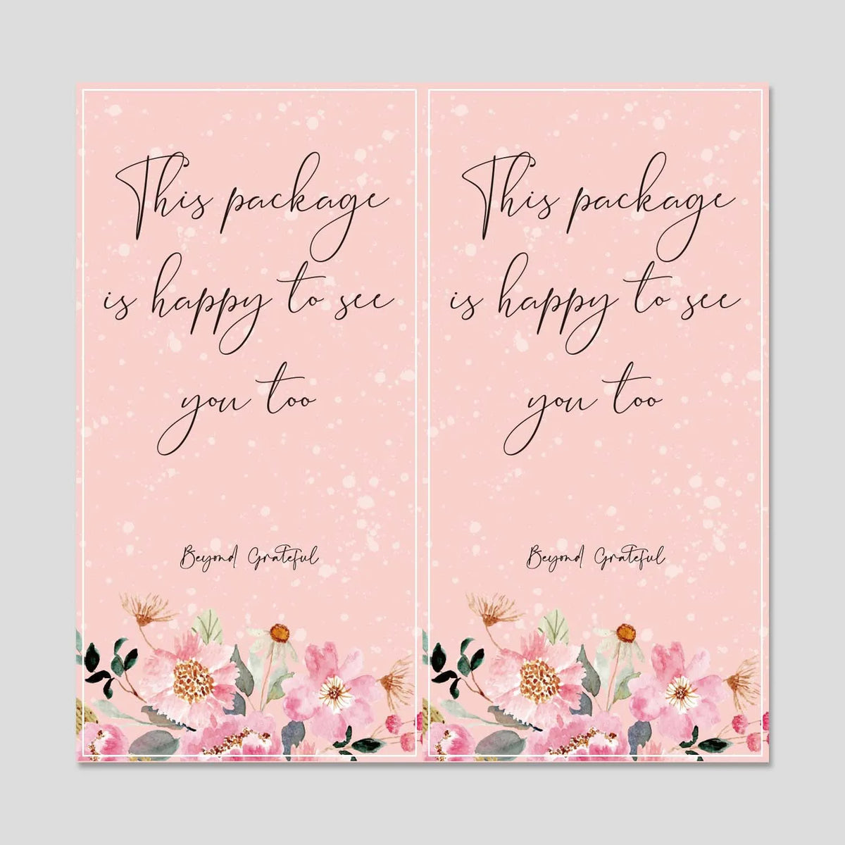 Zwei vertikale rosa Karten mit handschriftlichem Text und floralen Akzenten für Dankeskarten