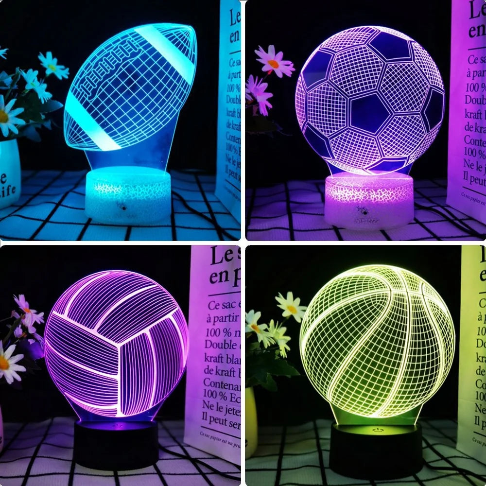A collection of glowing, translucent soccer ball-shaped night lights with intricate geometric patterns.