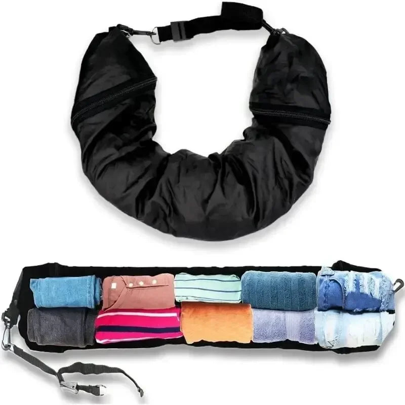 Black self-filling travel pillowcase organizer with luggage space