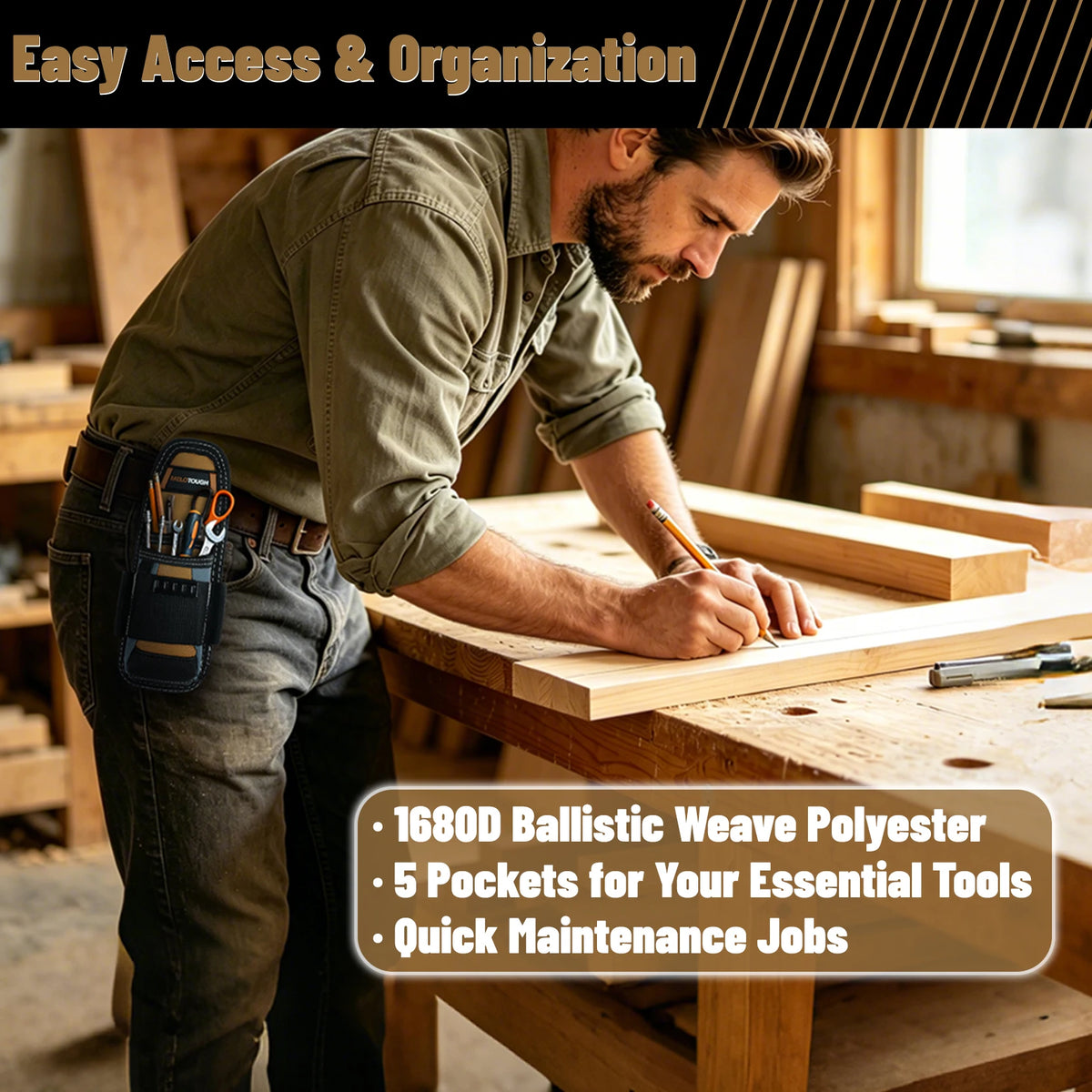 A man is using a compact clip-on tool pouch with a belt holster on a wooden workbench.
