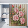 A floral shower curtain featuring pink roses and greenery with a soft beige background.