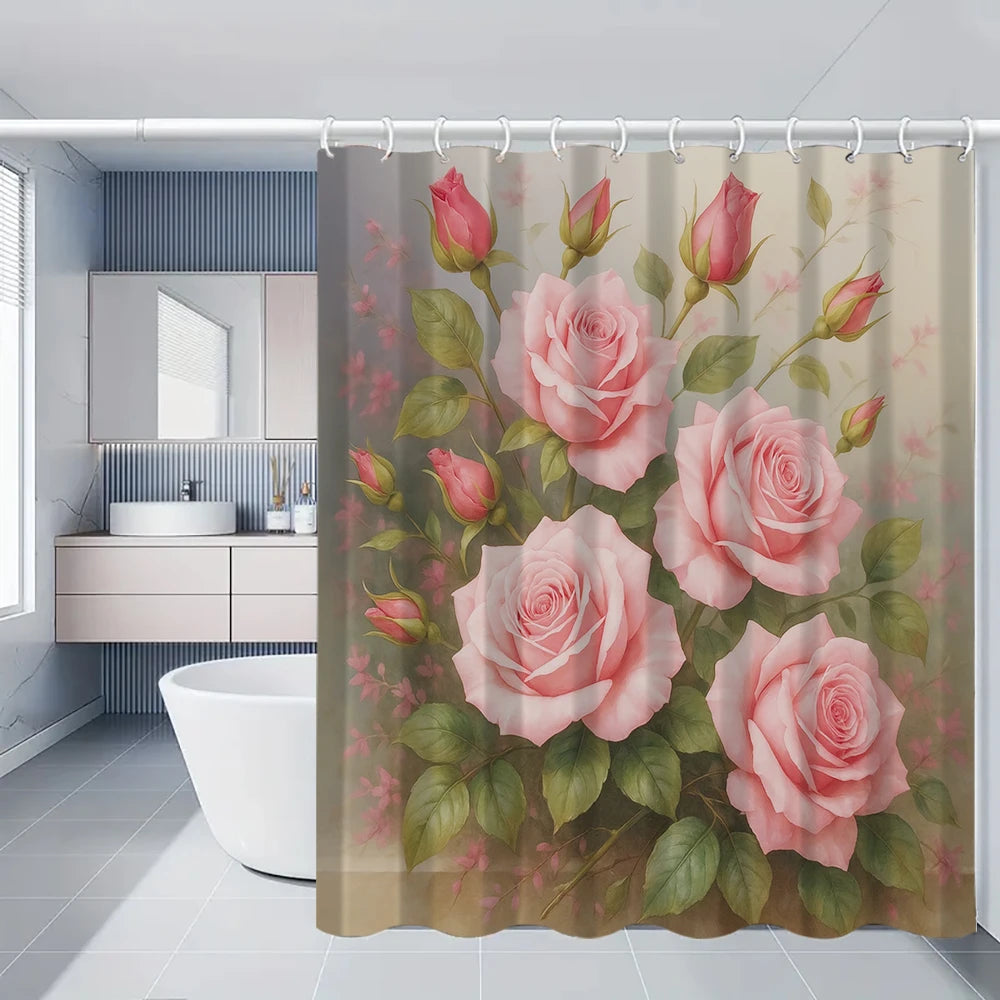 A floral shower curtain featuring pink roses and greenery with a soft beige background.