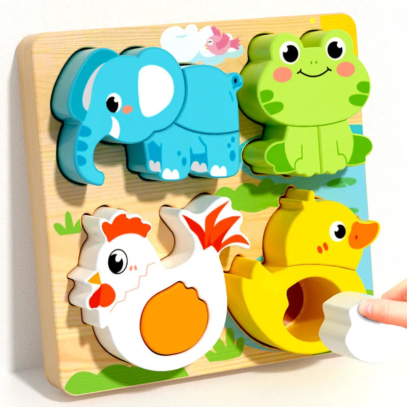 Blocs de construction Montessori en bois avec des animaux comme un éléphant, une grenouille et un poussin sur un fond de bois