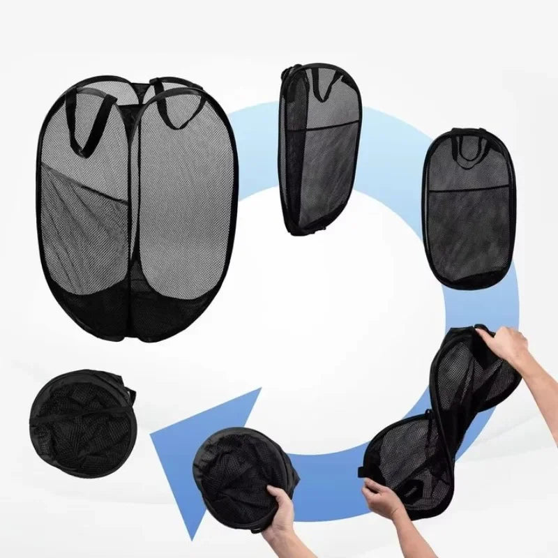 A collection of black foldable mesh laundry baskets shown in various angles and contexts.