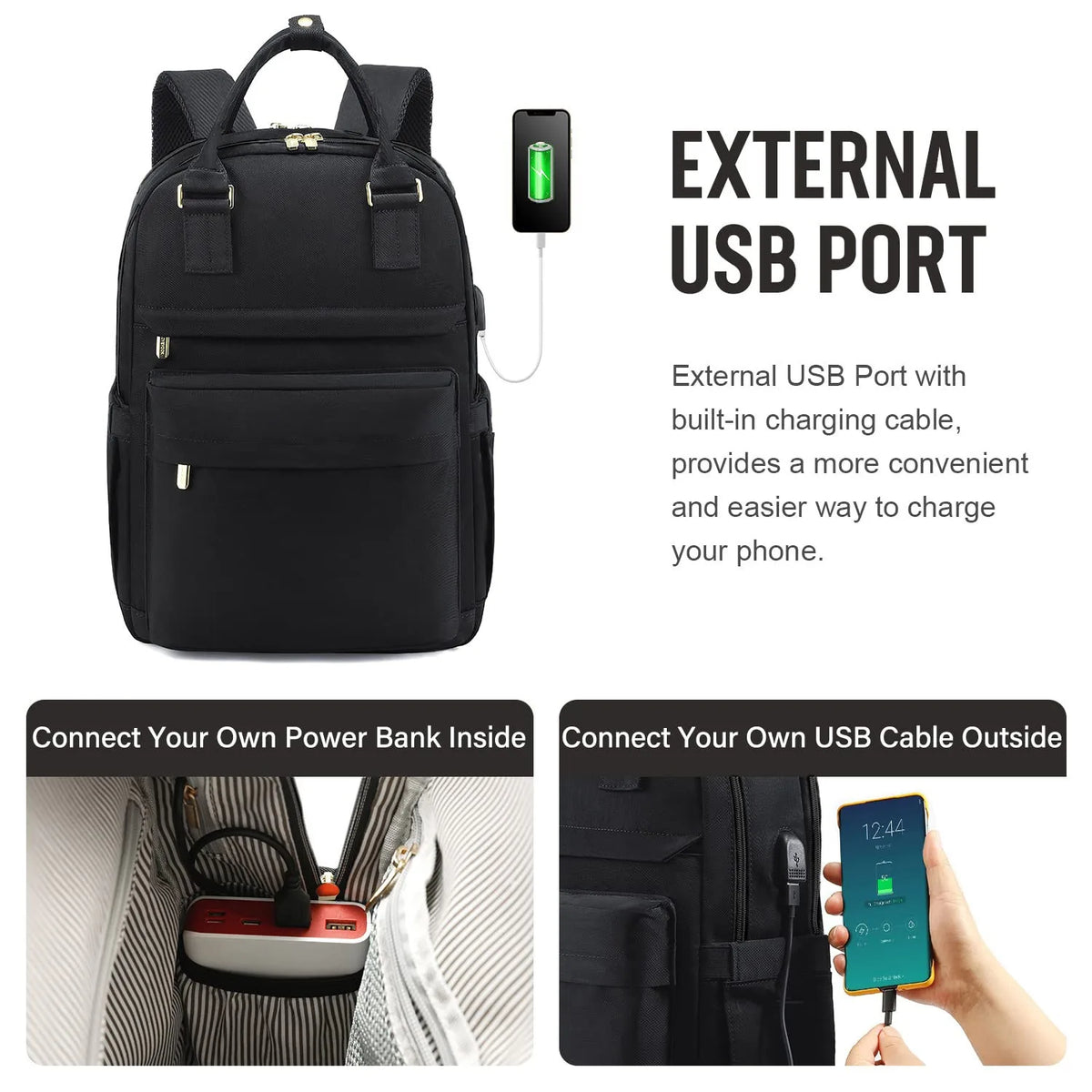 Women's Nylon Waterproof Casual Backpack with USB Port, Fits 15.6 Inch Laptop