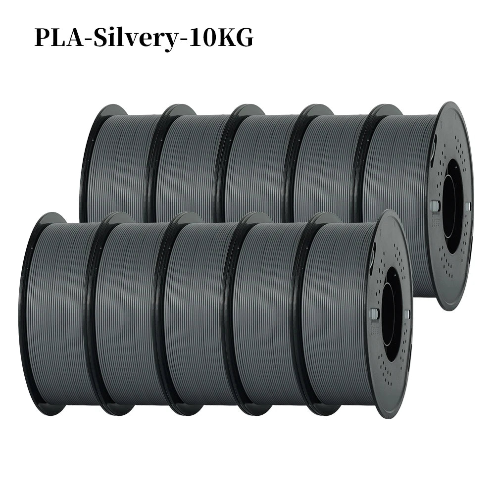 A bundle of ten black PLA silvery filament spools for 3D printing.