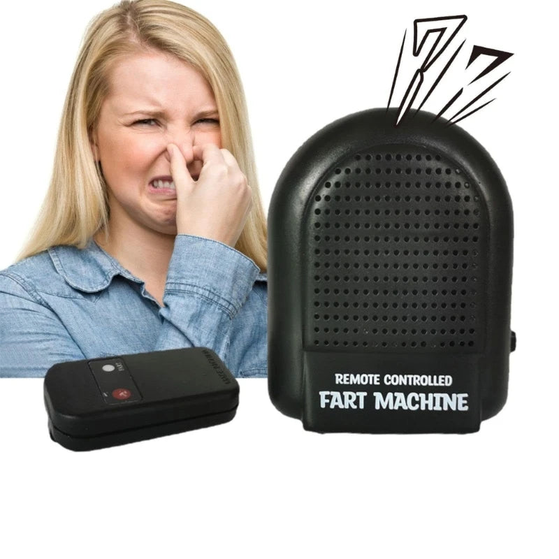 A woman is shown reacting to a fart machine, with the remote control device next to it.