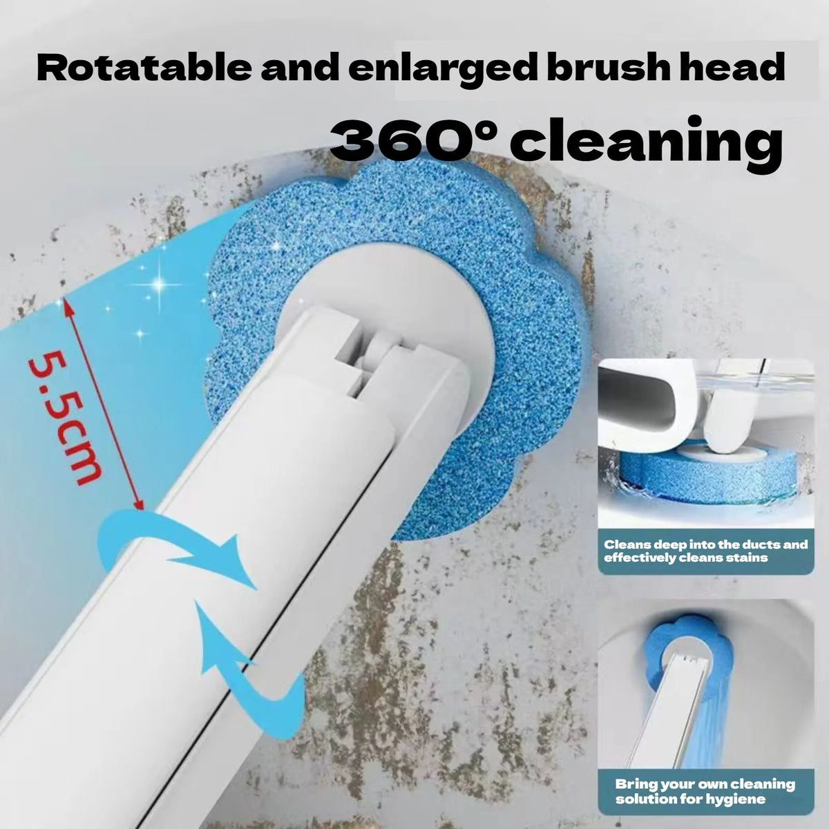Wall-mounted disposable toilet brush set with a rotatable and enlarged brush head for 360 degree cleaning