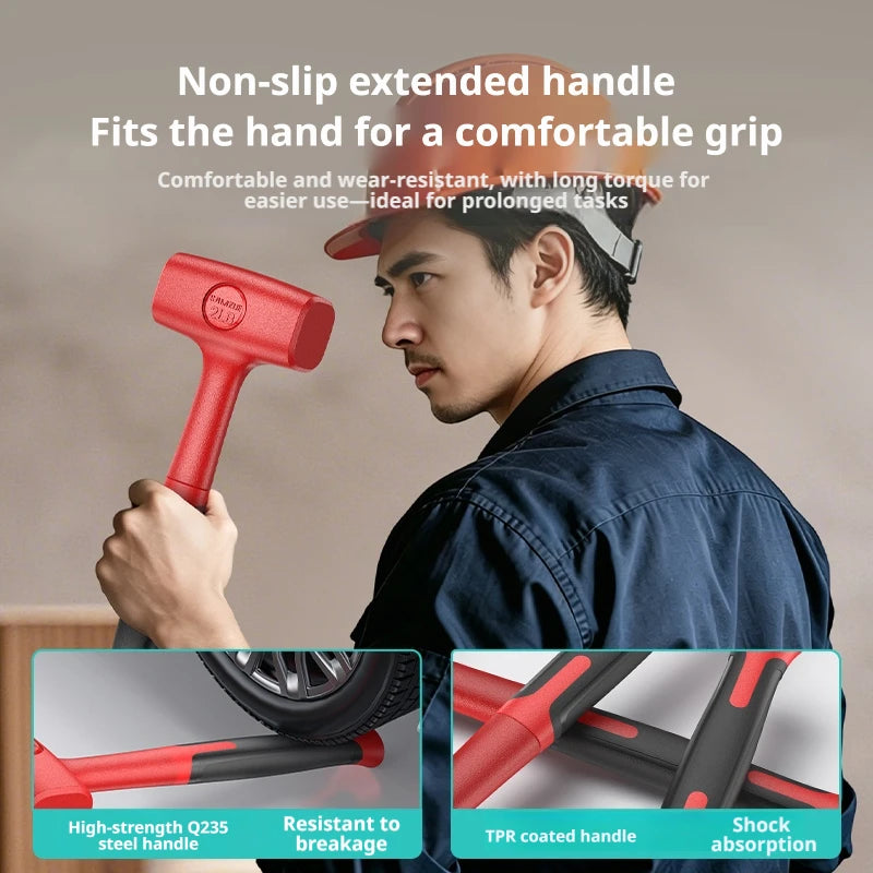 A man holds a red rubber mallet with an extended non-slip handle, demonstrating its grip and features.