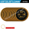 Ten gold-colored diamond saw blades with a 1.1mm thickness and a 22.23mm diameter.