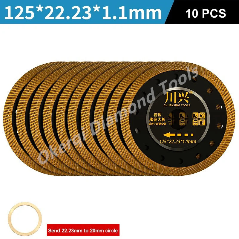 Ten gold-colored diamond saw blades with a 1.1mm thickness and a 22.23mm diameter.