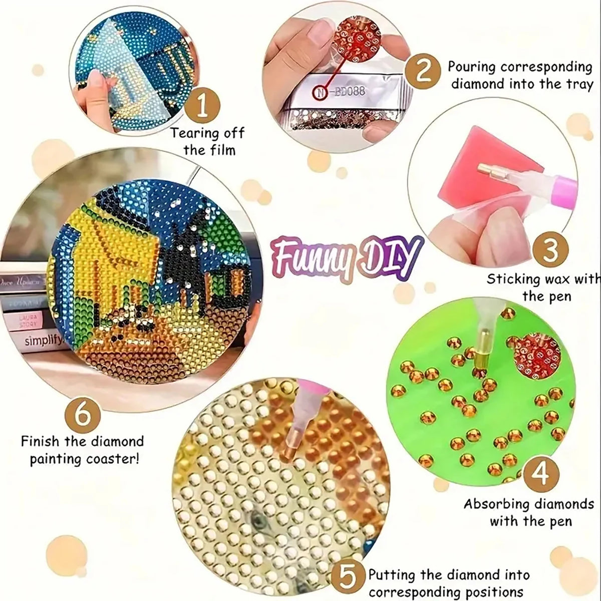 A set of diamond painting coasters showing steps for creating a finished piece.