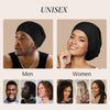 A collection of black silk satin sleep bonnets shown on men and women.