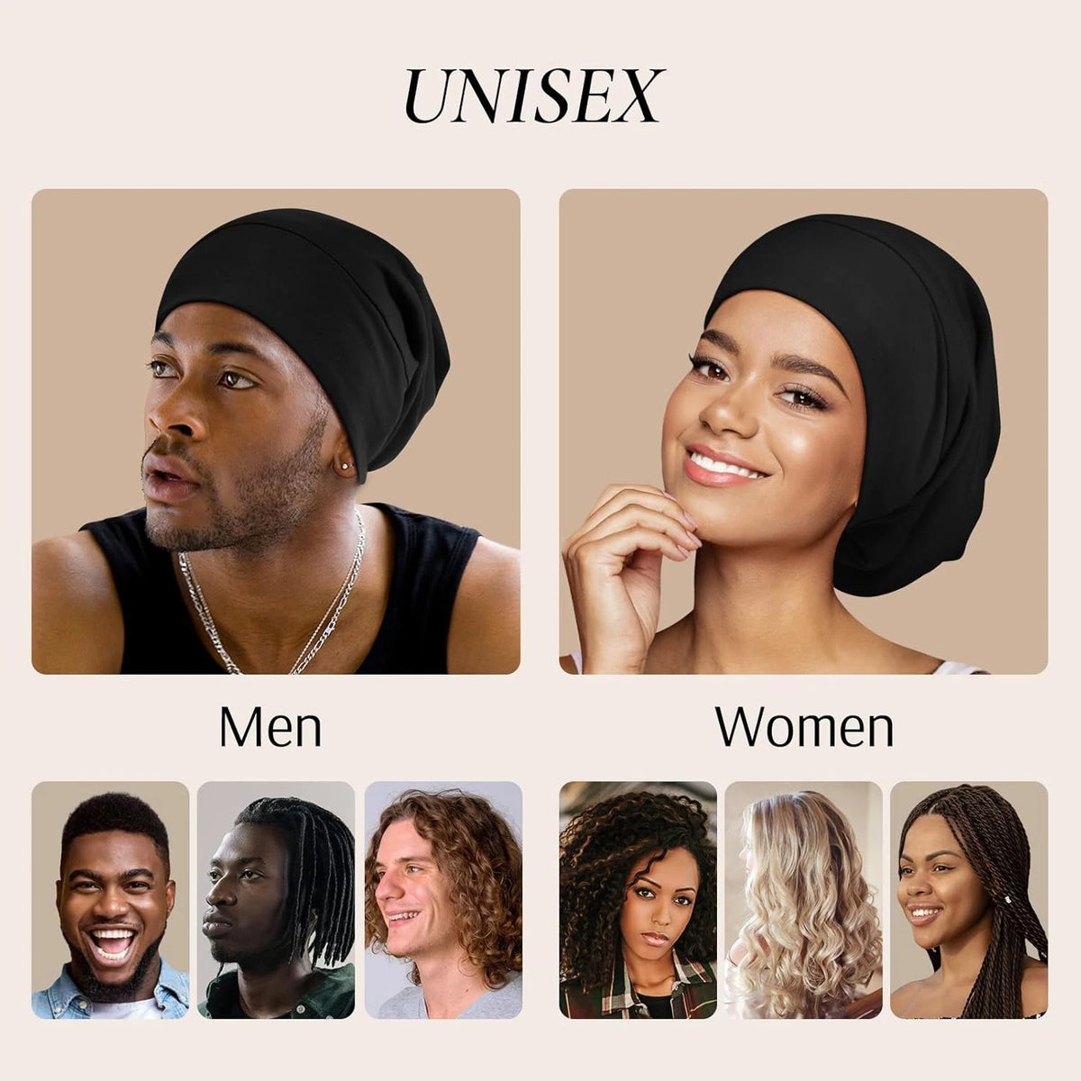 A collection of black silk satin sleep bonnets shown on men and women.