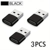 Three black USB-C to USB adapters for fast charging and data transfer