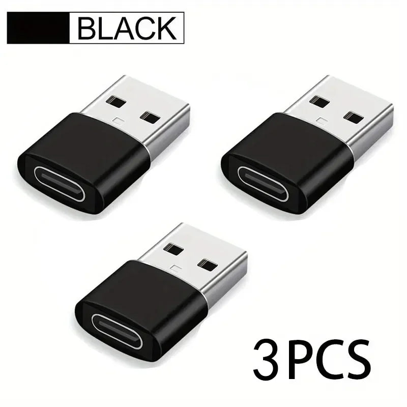 Three black USB-C to USB adapters for fast charging and data transfer