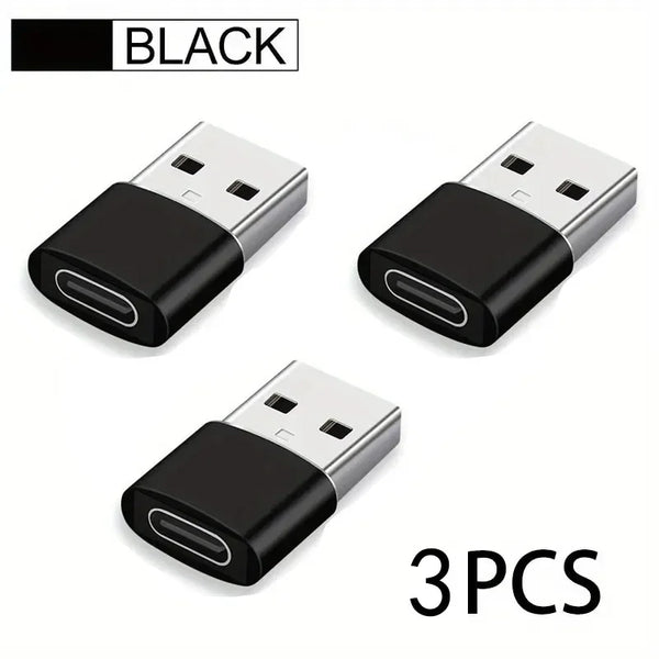 Three black USB-C to USB adapters for fast charging and data transfer