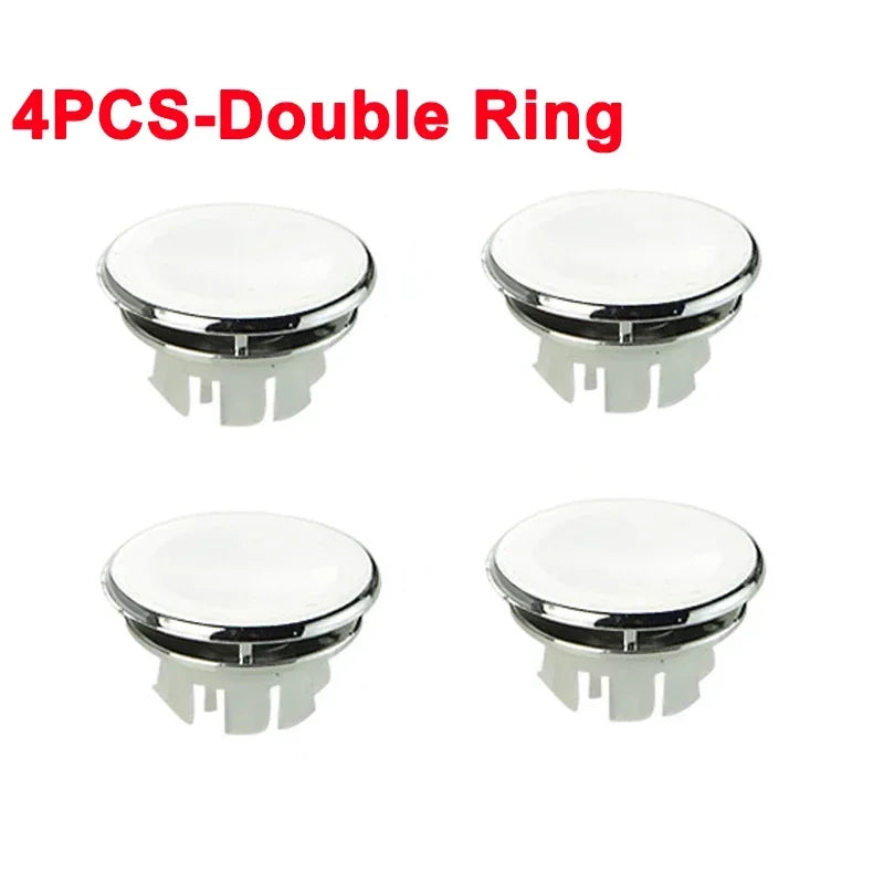 Four chrome-plated double rings used as sink overflow covers.
