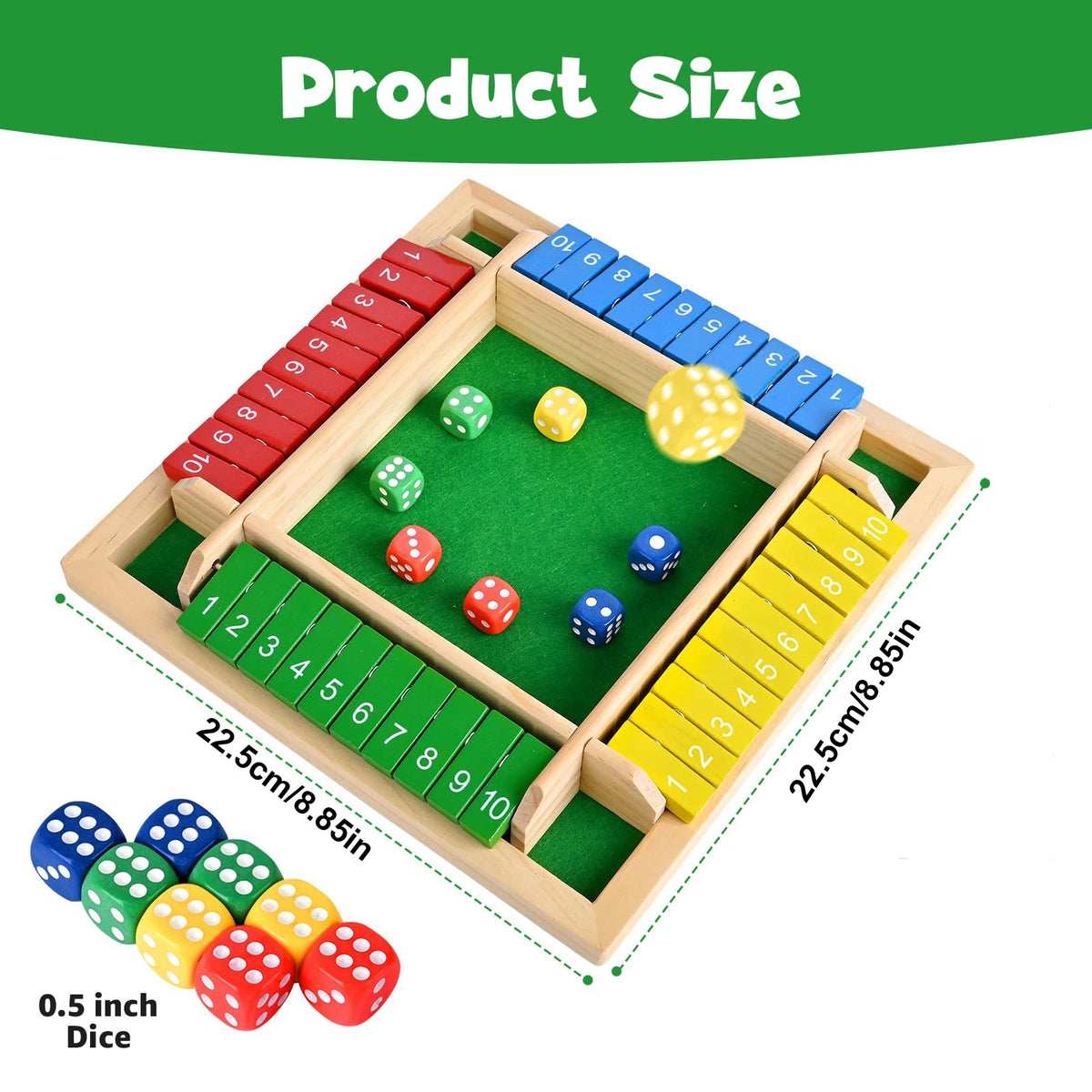 A wooden dice game set showing various colored dice arranged in a box with numbered slots.