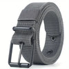 A gray tactical nylon belt with a secure black metal buckle shown from the side.