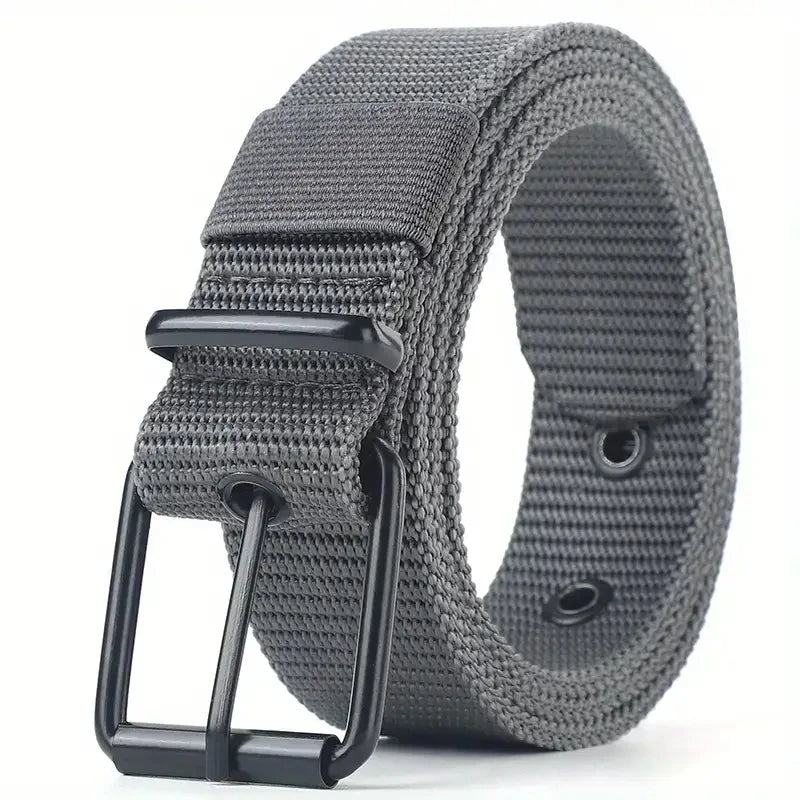 A gray tactical nylon belt with a secure black metal buckle shown from the side.