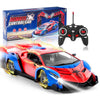 A red and blue spider-themed RC supercar is shown in motion with its 2.4GHz remote control.