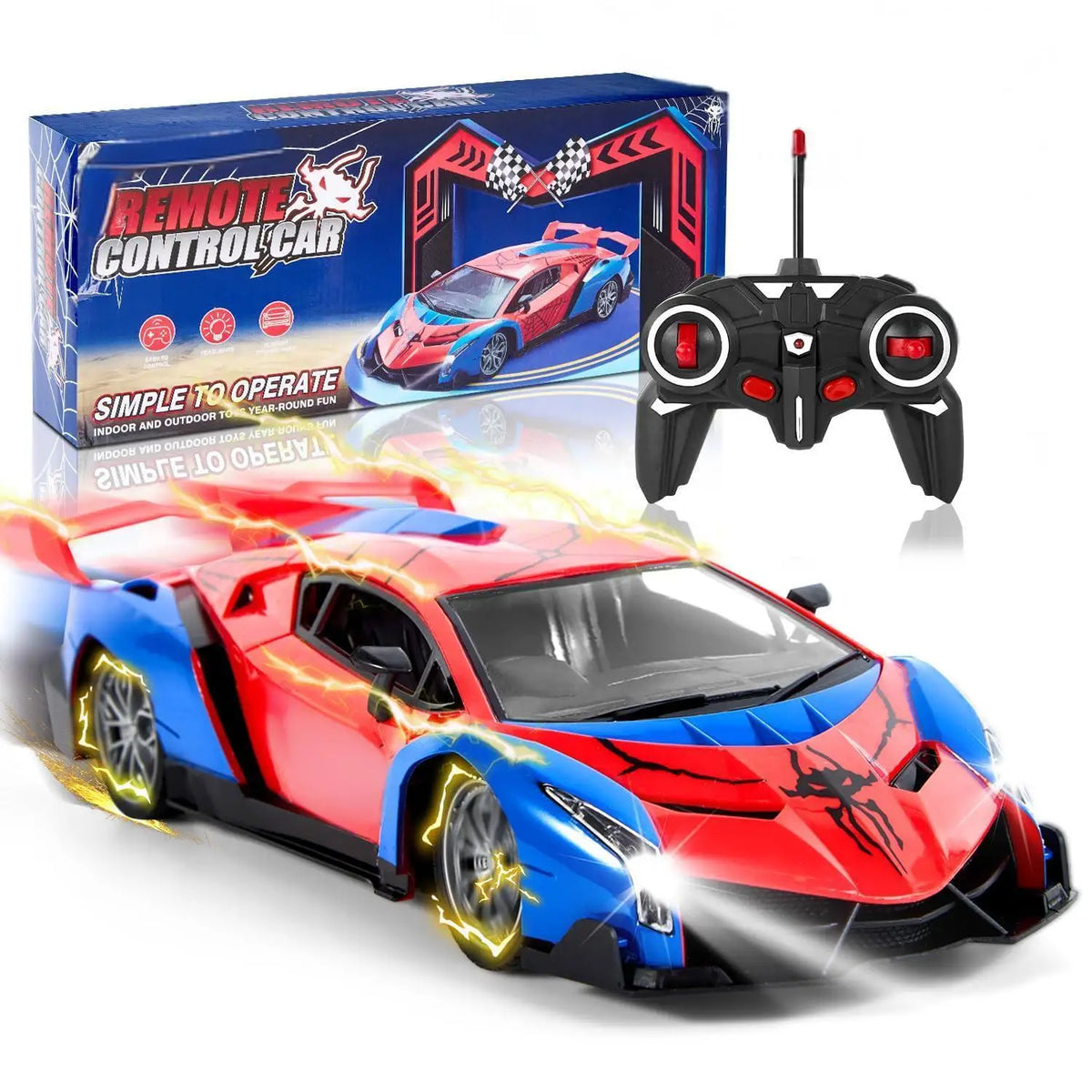 A red and blue spider-themed RC supercar is shown in motion with its 2.4GHz remote control.